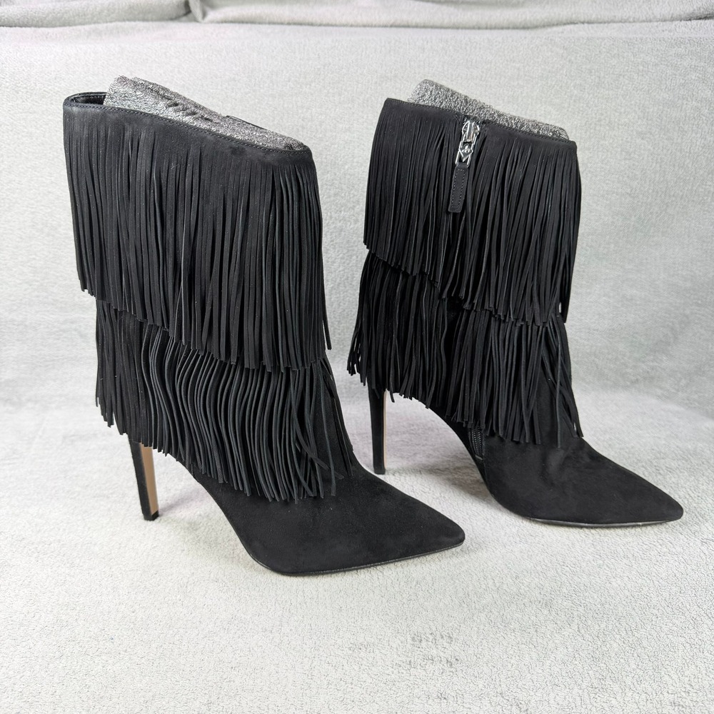 Sam Edelman Womens 8.5 Black Suede Tiered Fringe Stiletto Pointed Toe Boots